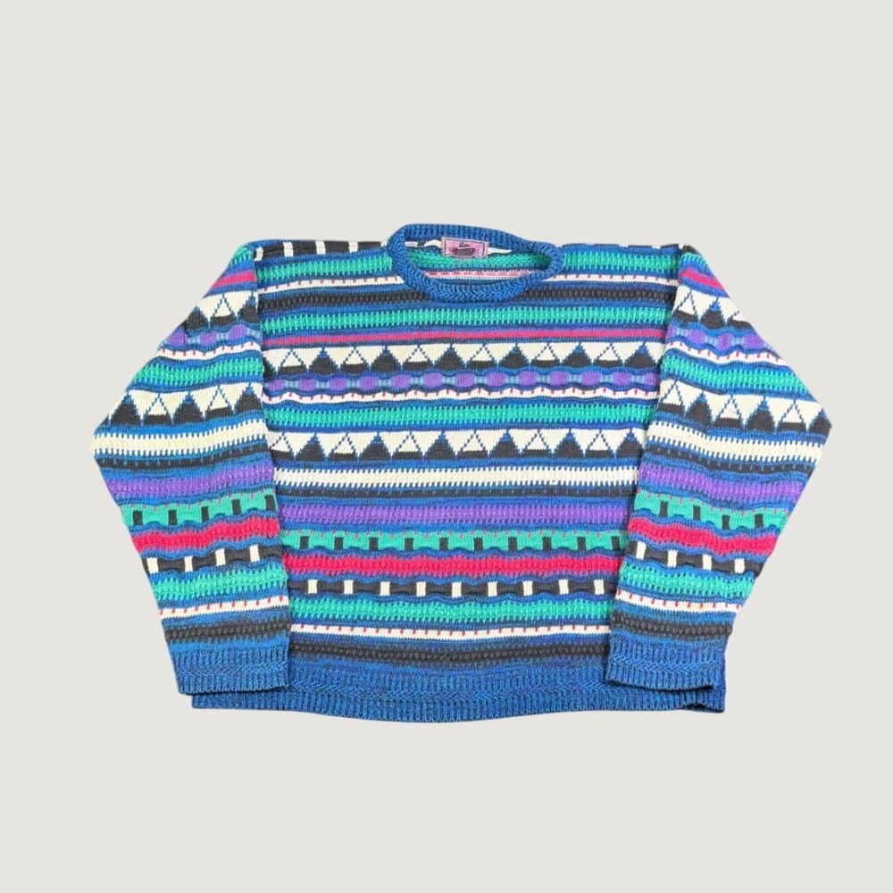 Concrete Mix Vintage 90s Geometric Knit Sweater XL Ramie Cotton Multi-Color